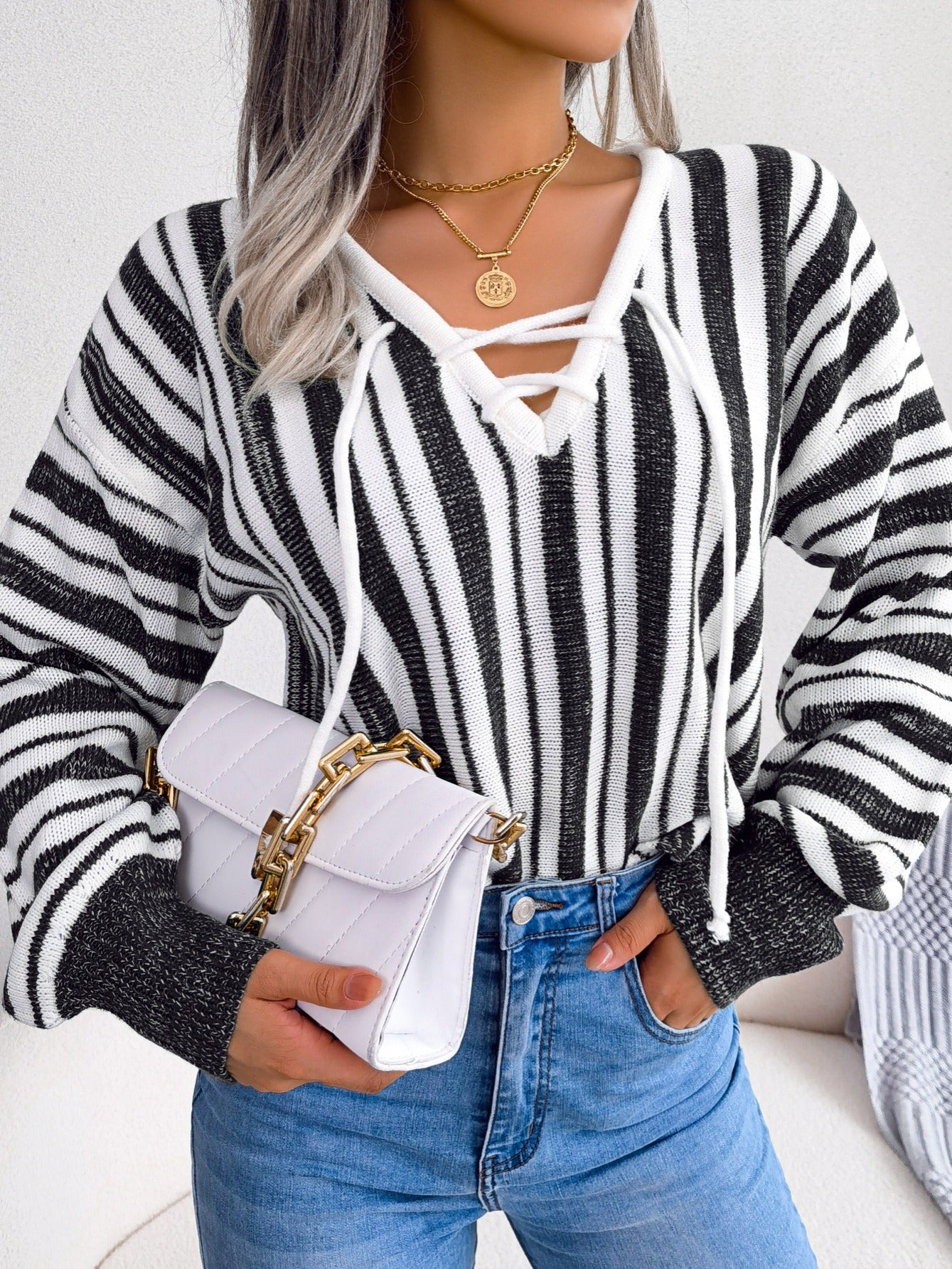 Women's Sweater Lantern Sleeve Striped V-neck Lace Up Pullover Sweater