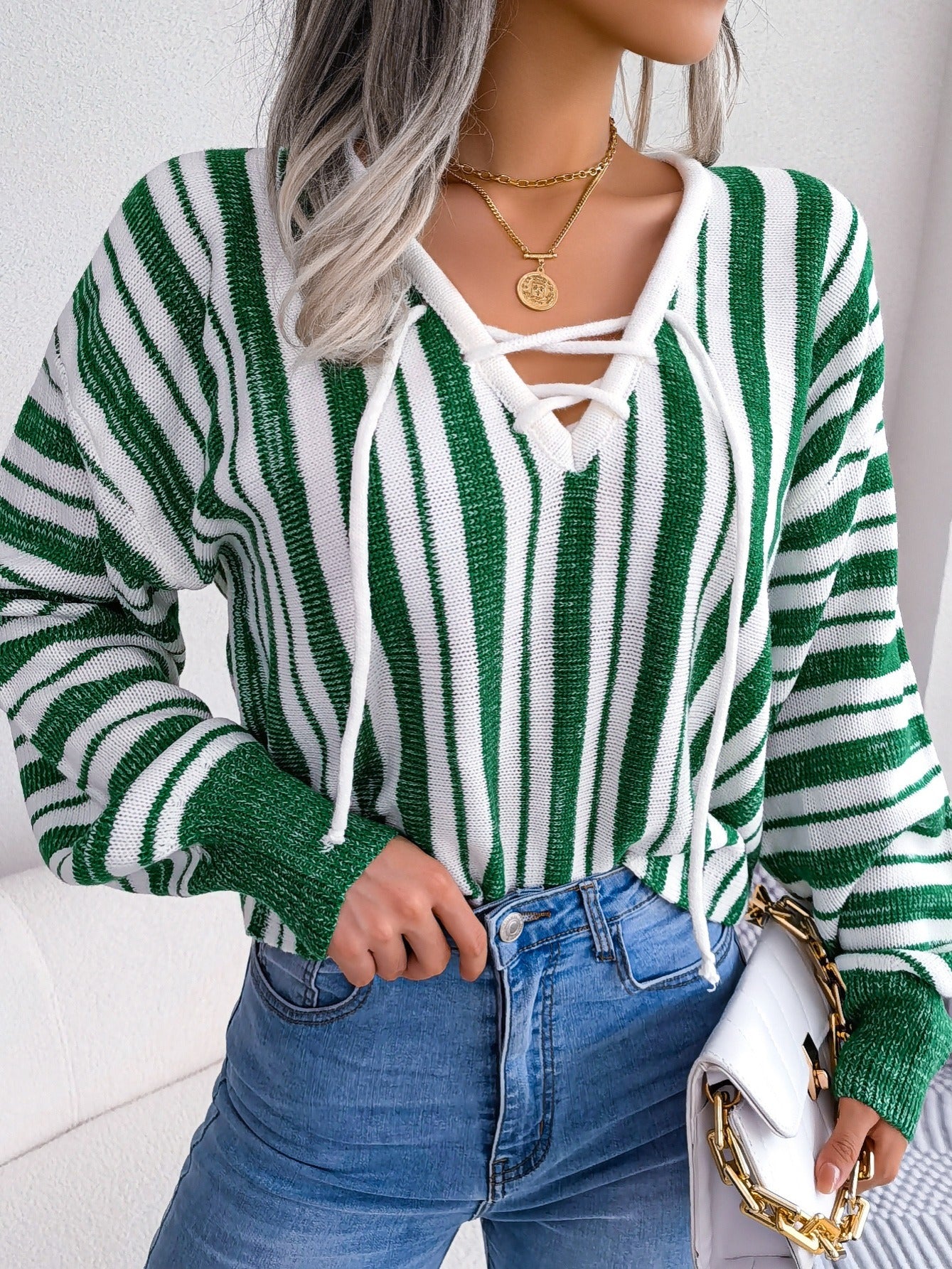 Women's Sweater Lantern Sleeve Striped V-neck Lace Up Pullover Sweater