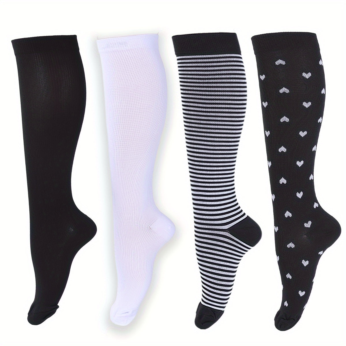 4 Pairs of Ultra-Comfortable Compression Socks - Compression for Women and Men - 15-20mmHg Graduated Support, Over the Calf Design for Maximum Comfort, Ideal for Runners, Nurses, Travelers, and Post-Workout Recovery