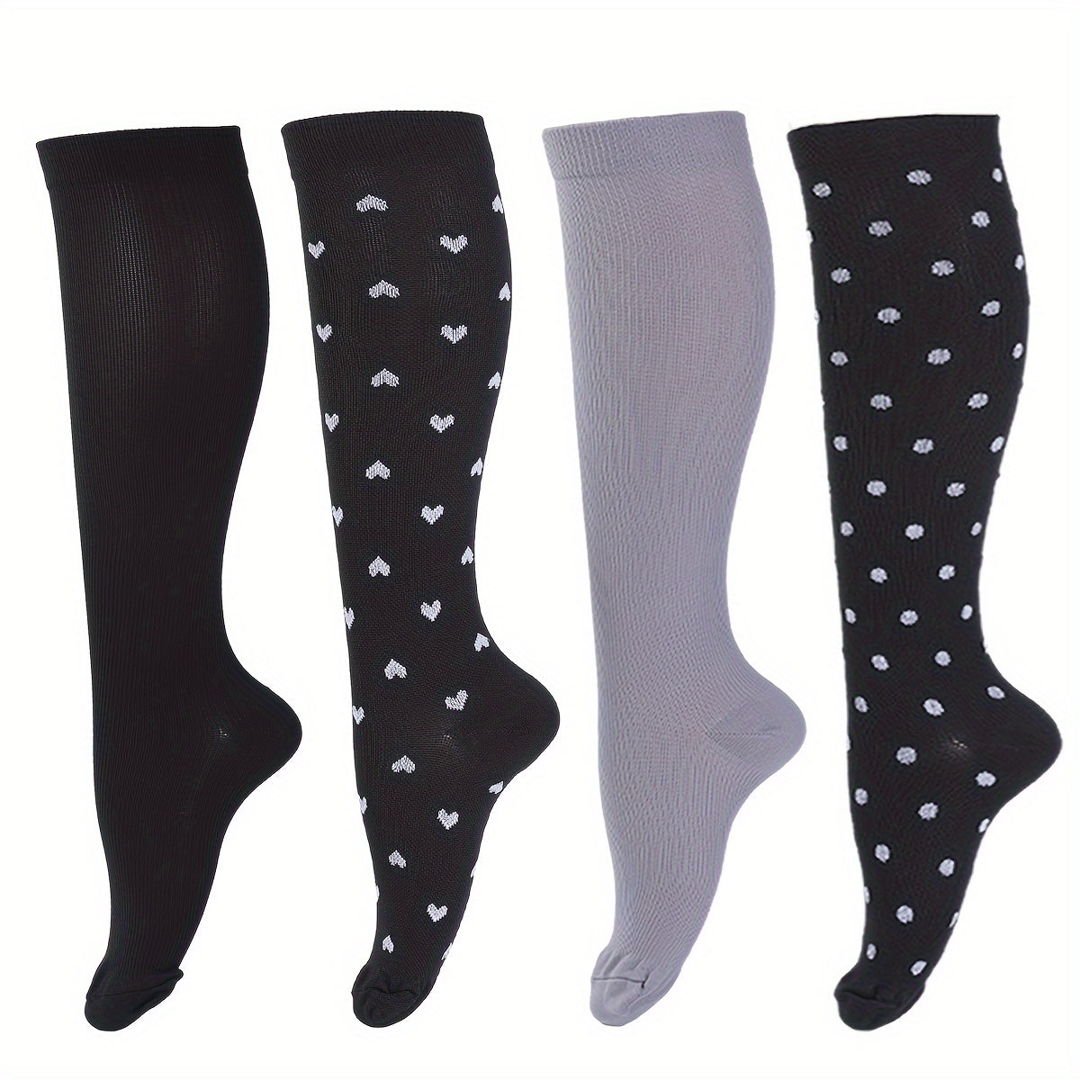 4 Pairs of Ultra-Comfortable Compression Socks - Compression for Women and Men - 15-20mmHg Graduated Support, Over the Calf Design for Maximum Comfort, Ideal for Runners, Nurses, Travelers, and Post-Workout Recovery