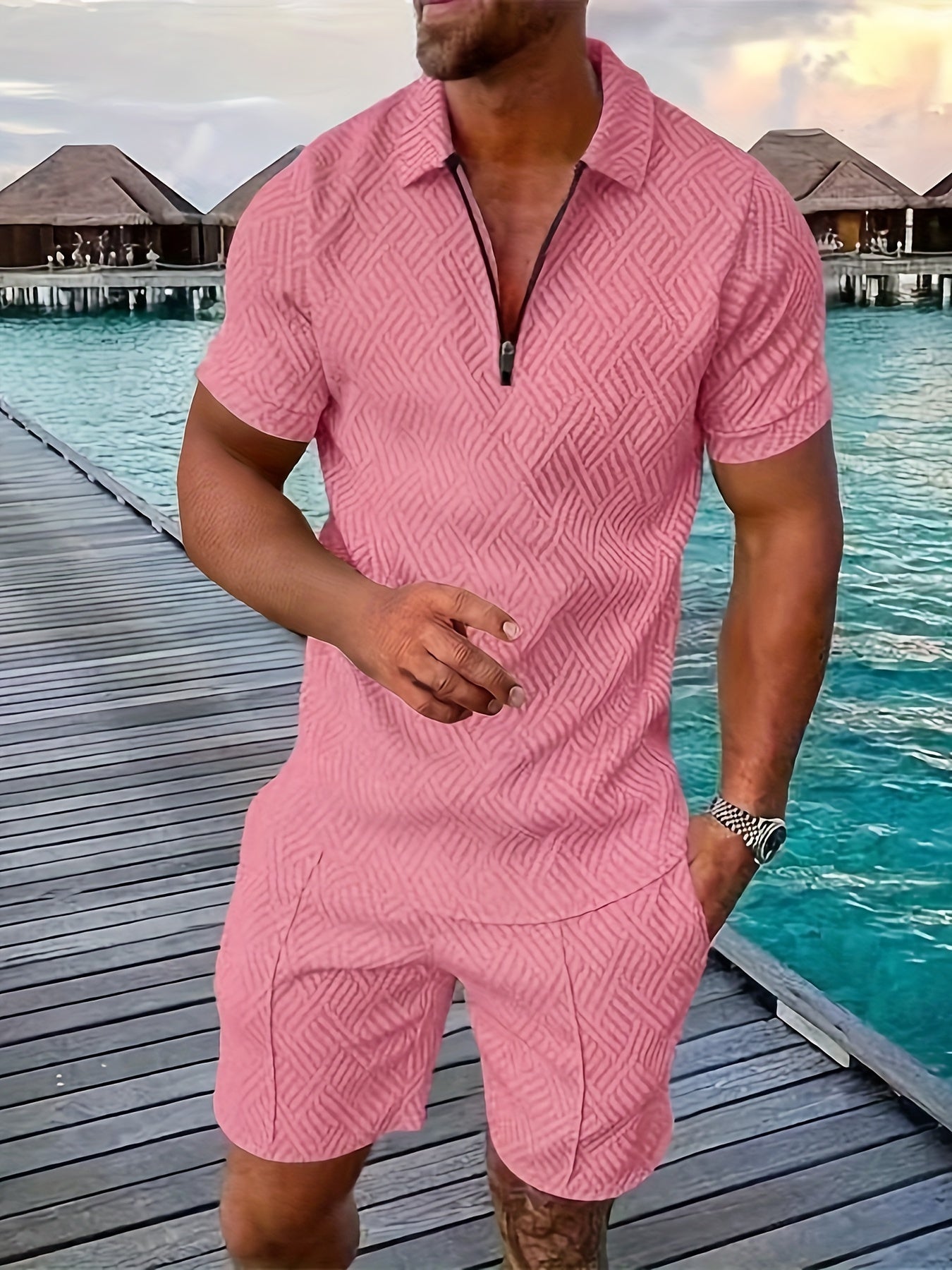 2Pcs Outfits For Men, Casual Short Sleeve Lapel Shirt And Drawstring Shorts Set For Summer, Men's Clothing For Vacation Workout