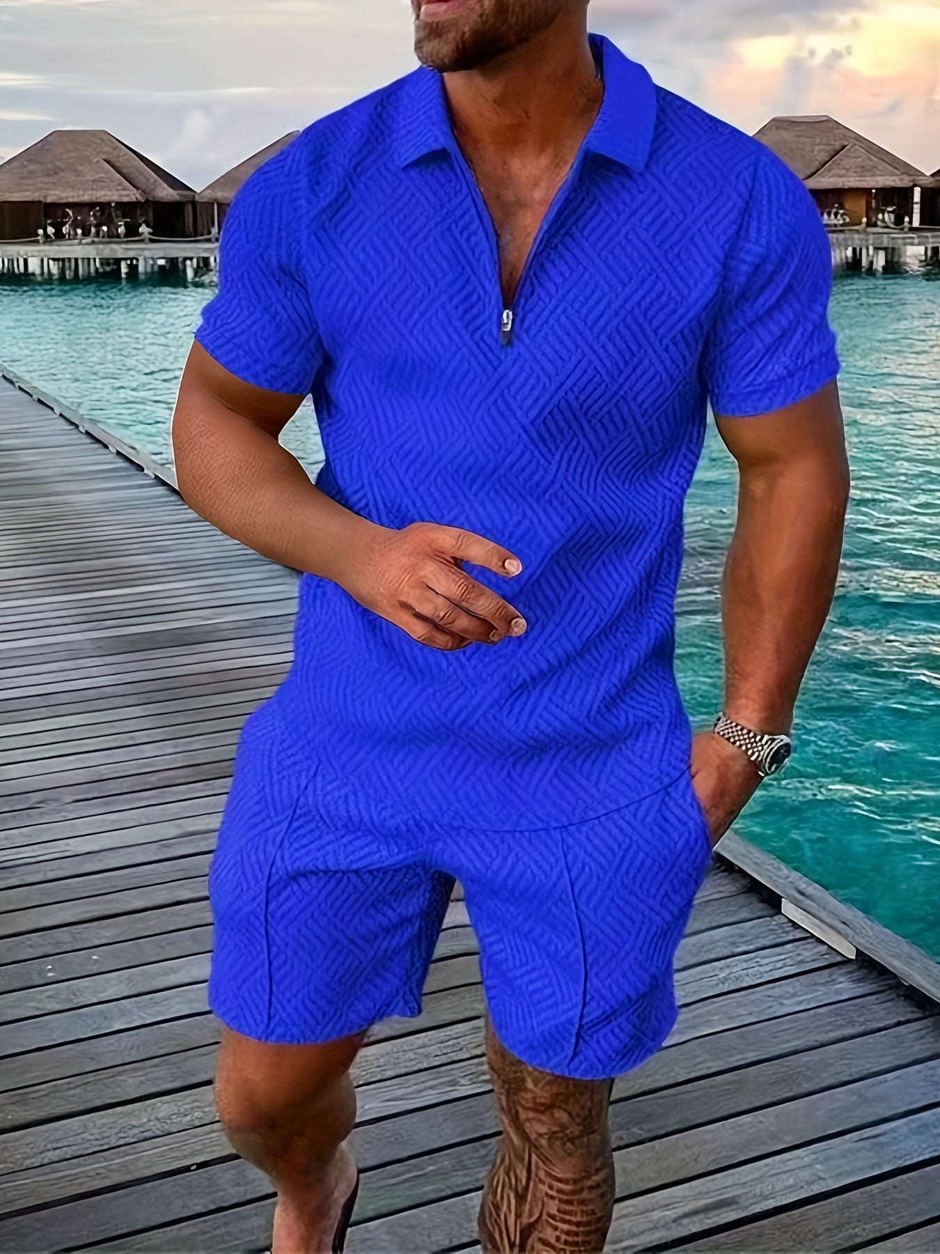 2Pcs Outfits For Men, Casual Short Sleeve Lapel Shirt And Drawstring Shorts Set For Summer, Men's Clothing For Vacation Workout