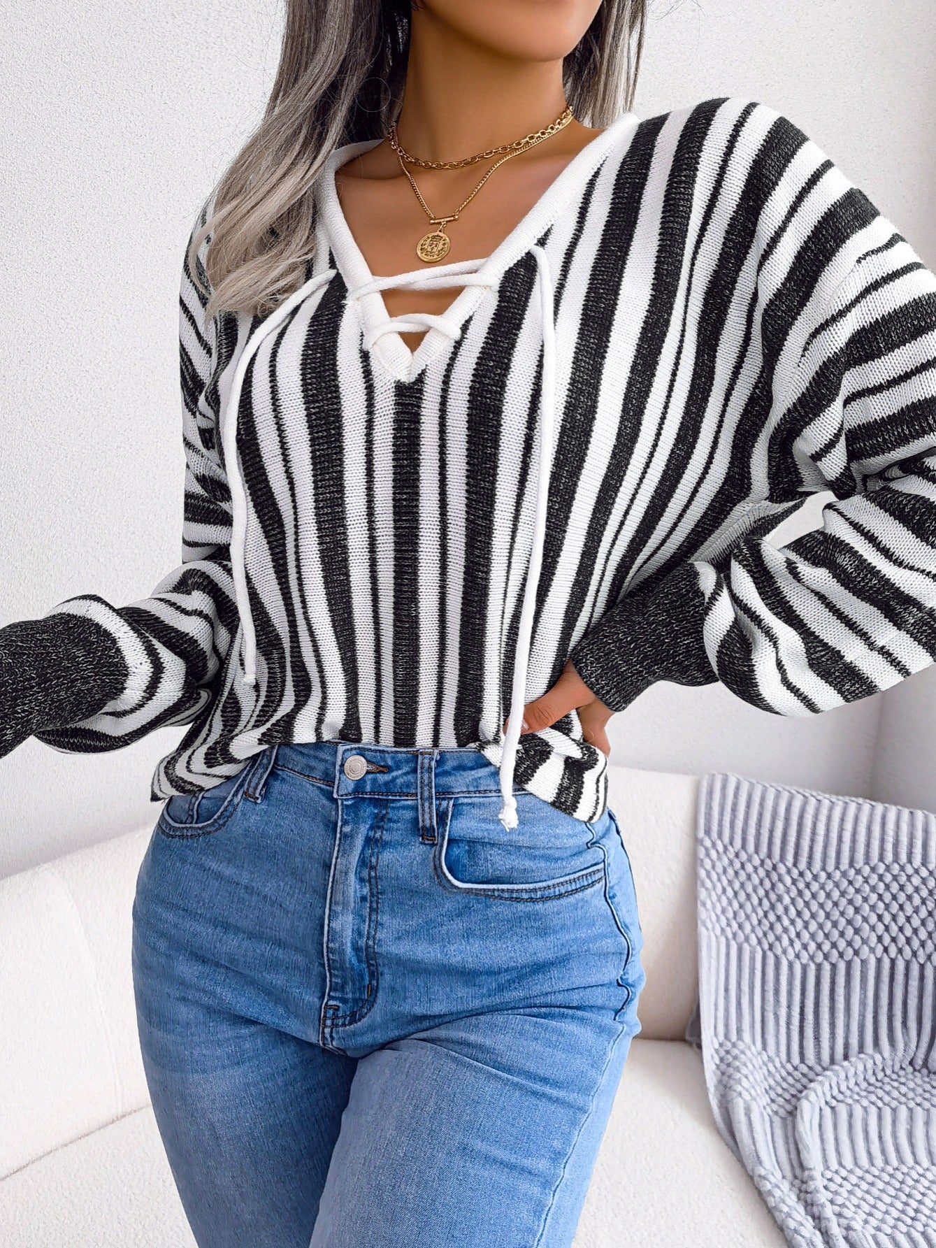 Women's Sweater Lantern Sleeve Striped V-neck Lace Up Pullover Sweater