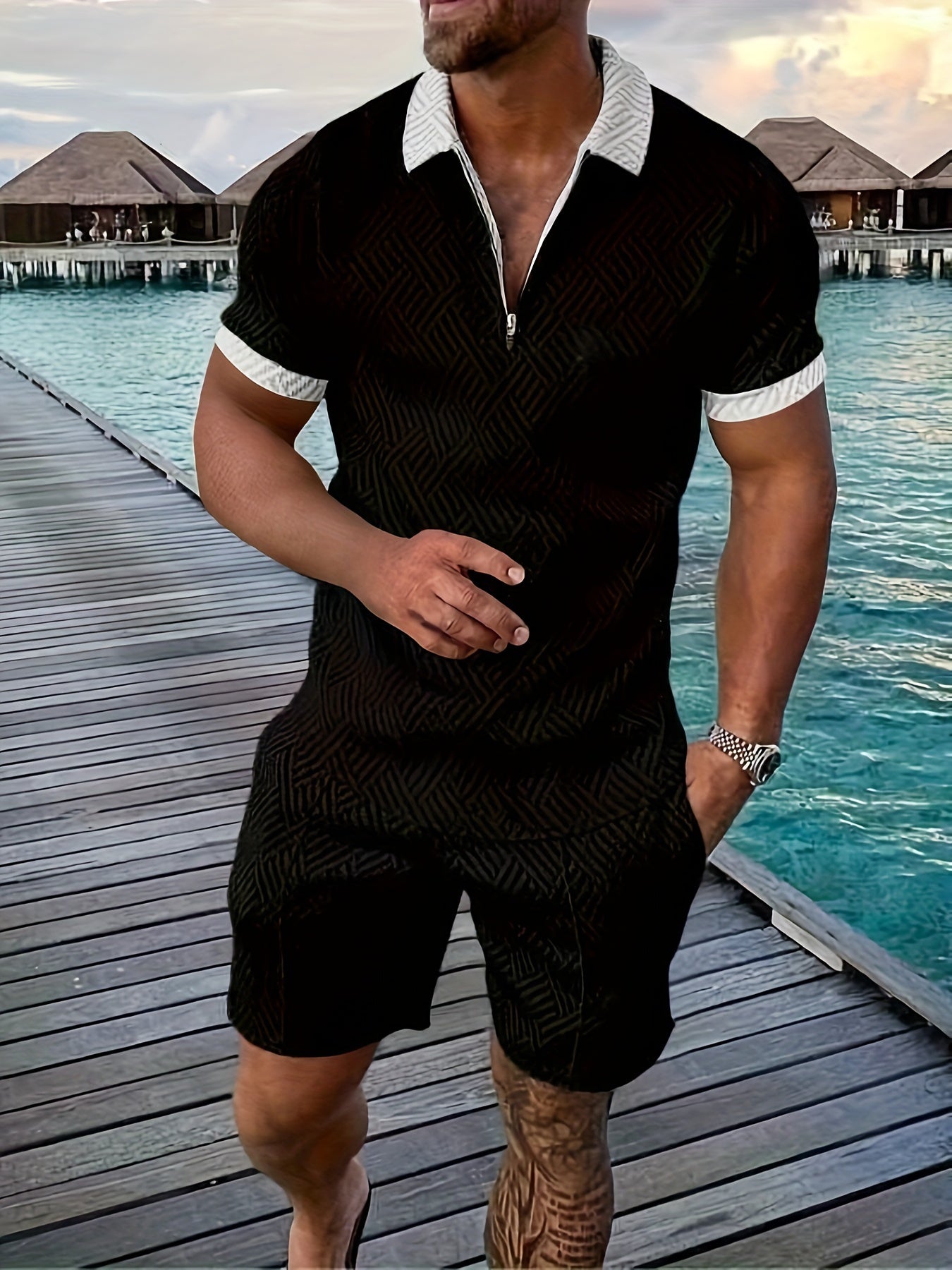 2Pcs Outfits For Men, Casual Short Sleeve Lapel Shirt And Drawstring Shorts Set For Summer, Men's Clothing For Vacation Workout