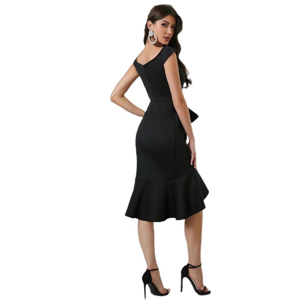 Women's Off-the-shoulder V-neck Ruffled Pleated Waist Slit Dress