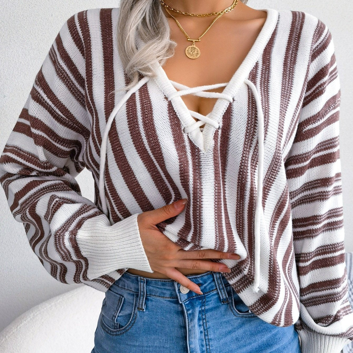 Women's Sweater Lantern Sleeve Striped V-neck Lace Up Pullover Sweater