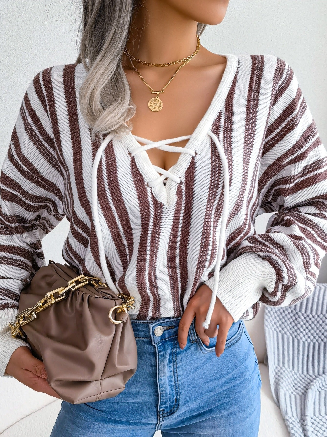 Women's Sweater Lantern Sleeve Striped V-neck Lace Up Pullover Sweater