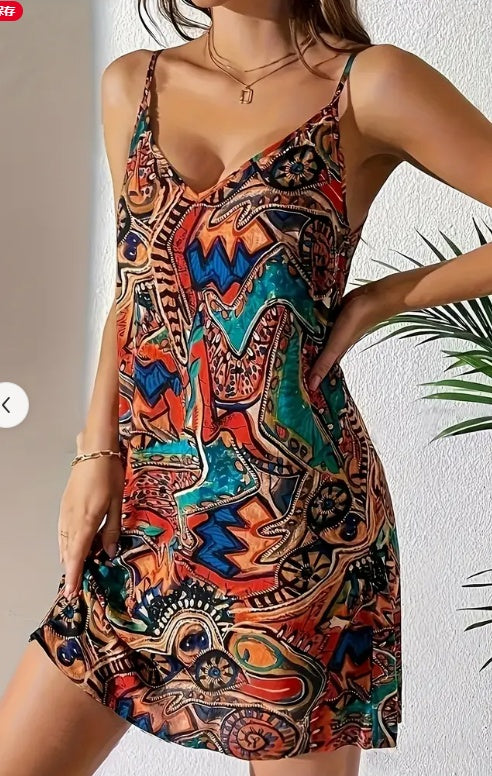 Summer Vintage Floral Print Spaghetti Suspender Dress For Women, Shoulder-Baring