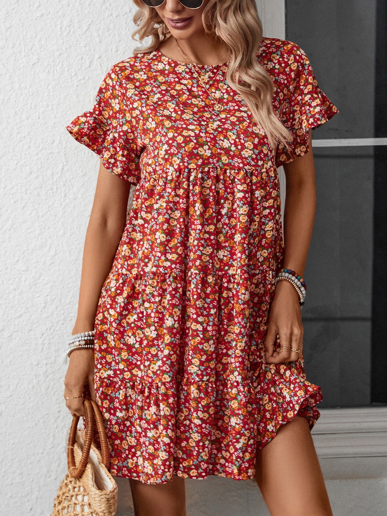Summer Leopard Print Floral Crew Neck Casual Loose Dress