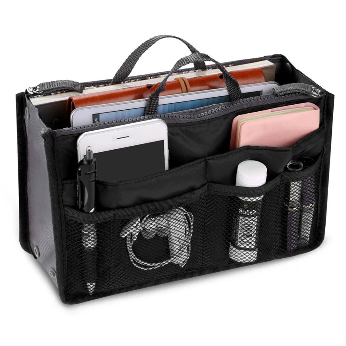 Women Cosmetic Organizer Bag Nylon Travel Insert Organizer Handbag Foldable Large Capacity Insert Bag Liner Makeup Tote