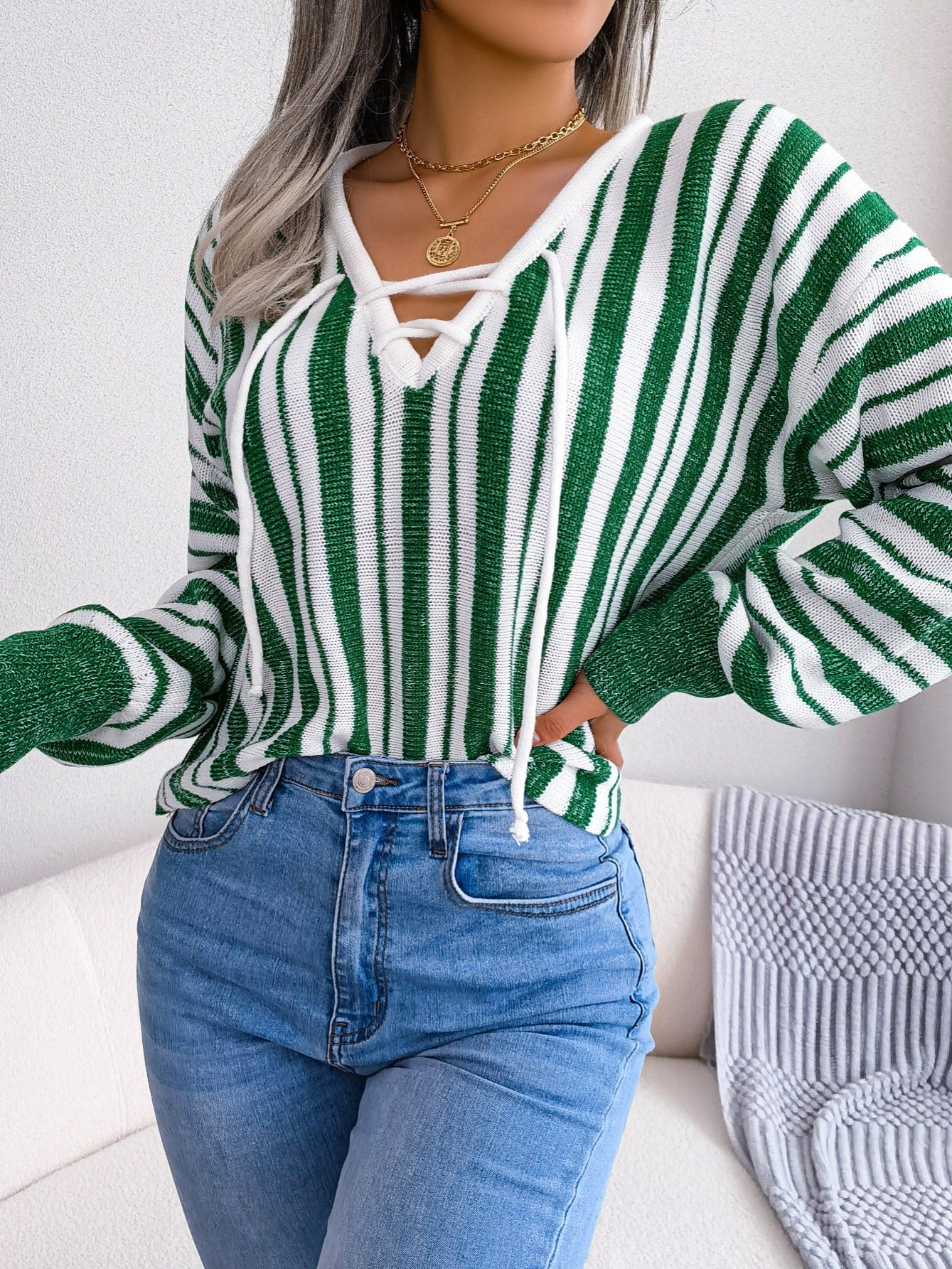 Women's Sweater Lantern Sleeve Striped V-neck Lace Up Pullover Sweater