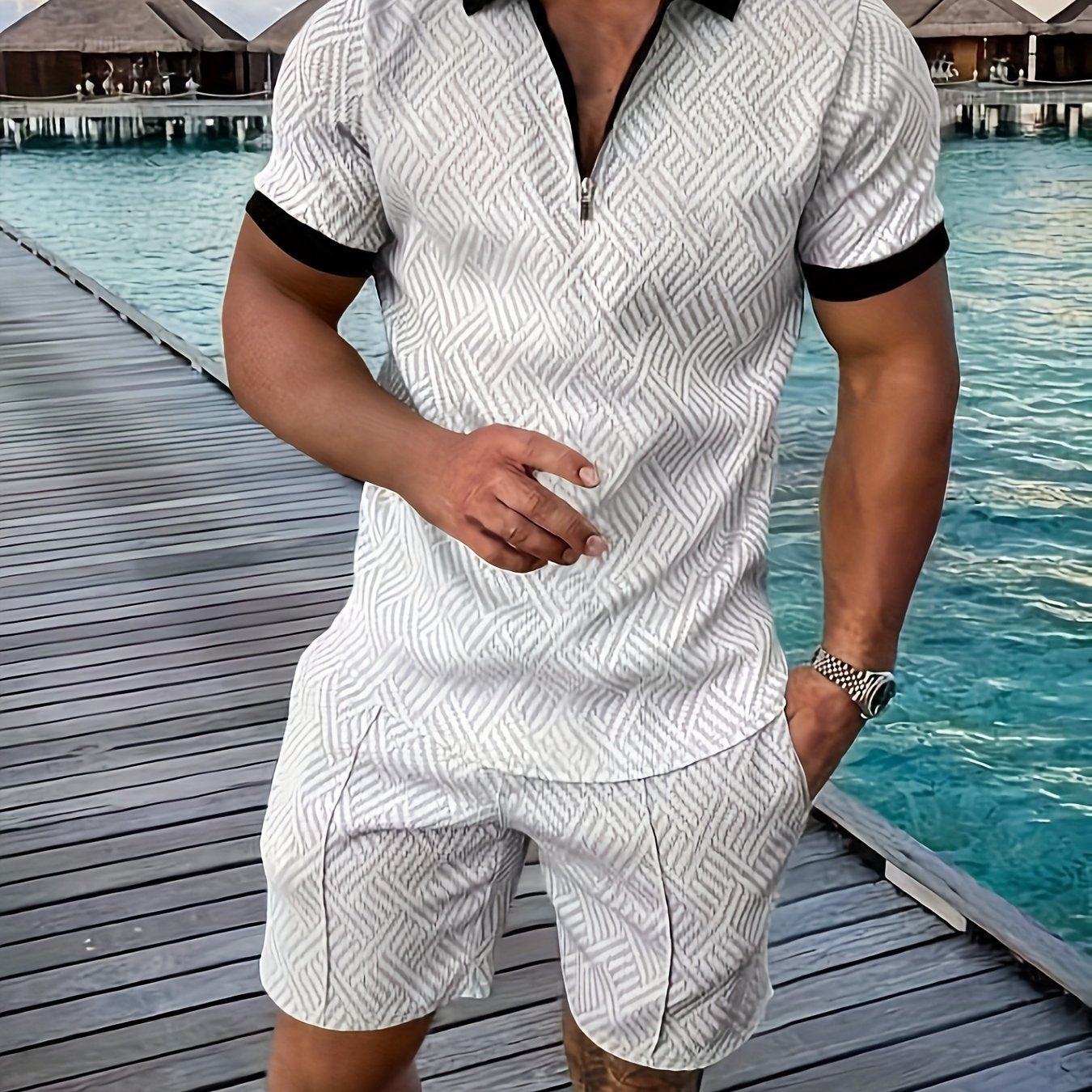 2Pcs Outfits For Men, Casual Short Sleeve Lapel Shirt And Drawstring Shorts Set For Summer, Men's Clothing For Vacation Workout