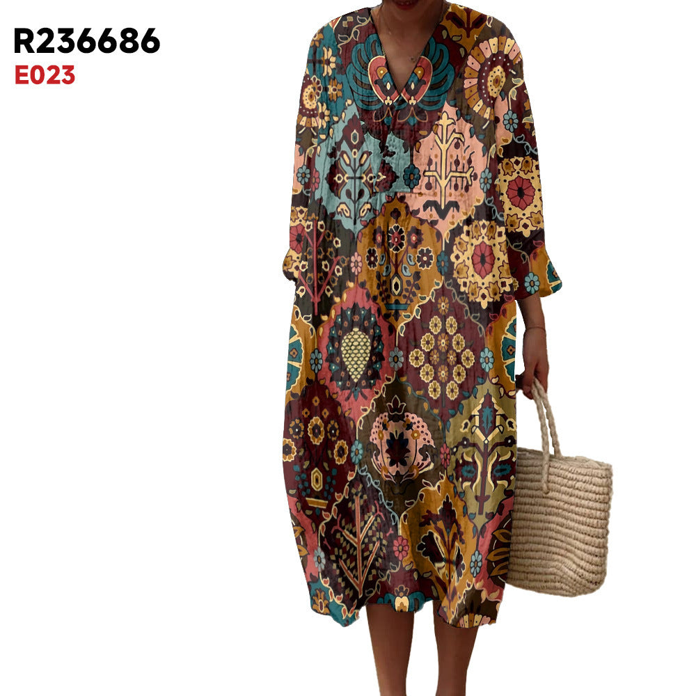 Women's Spring And Summer New Digital Printing Large Width V-neck Long-sleeve Dress