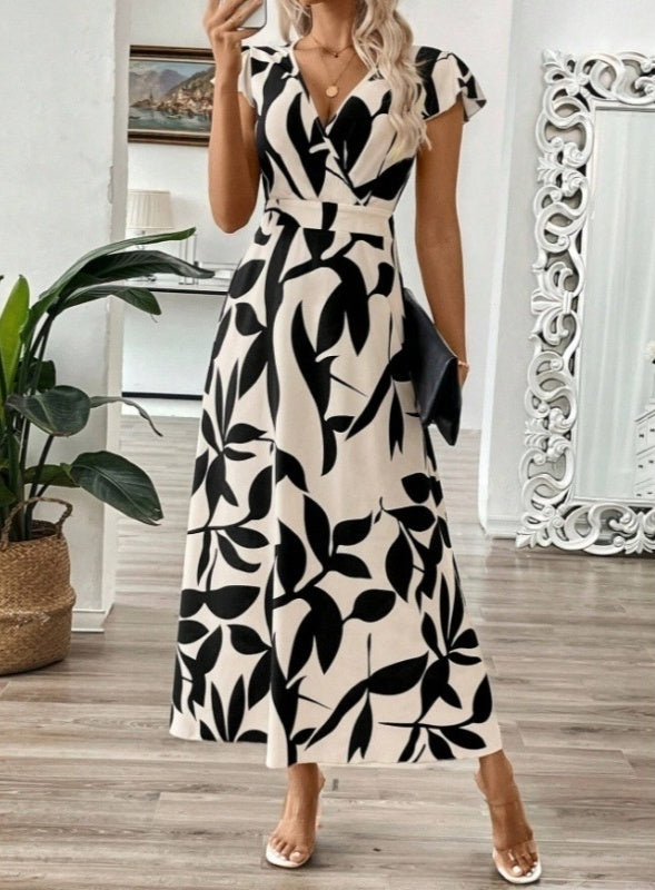Summer Fashion Elegant V-neck Printed Ruffled Short Sleeves Dress Long Dress For Women
