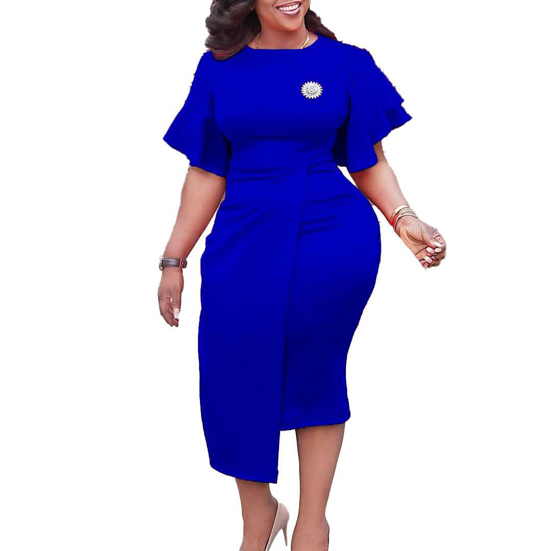 Women's Summer New Solid Color High Waist Temperament Commuter Ruffle Sleeve Dress