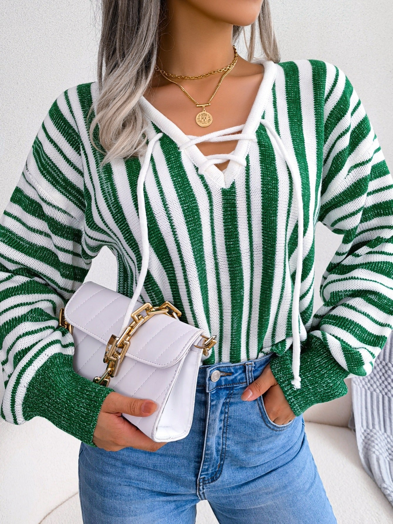 Women's Sweater Lantern Sleeve Striped V-neck Lace Up Pullover Sweater