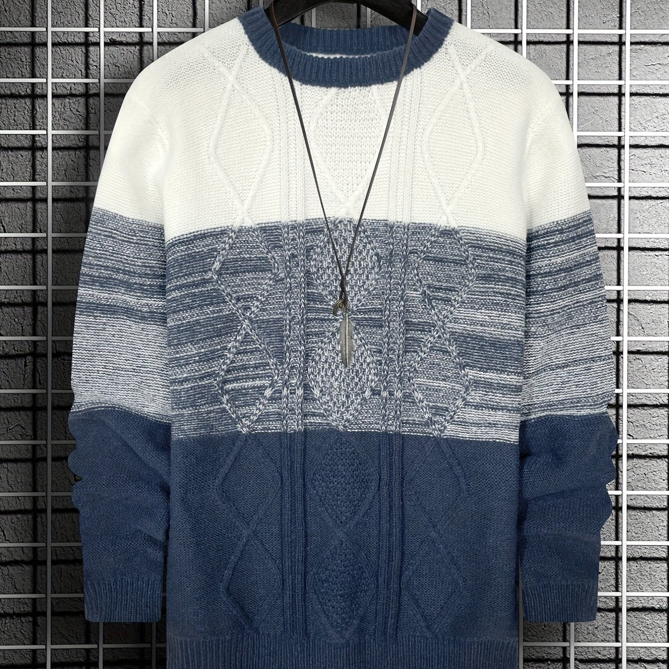 All Match Knitted Argyle Color Block Sweater, Men's Casual Warm Slightly Stretch Crew Neck Pullover Sweater For Men Fall Winter