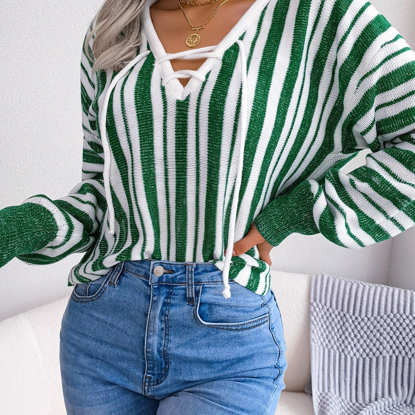 Women's Sweater Lantern Sleeve Striped V-neck Lace Up Pullover Sweater