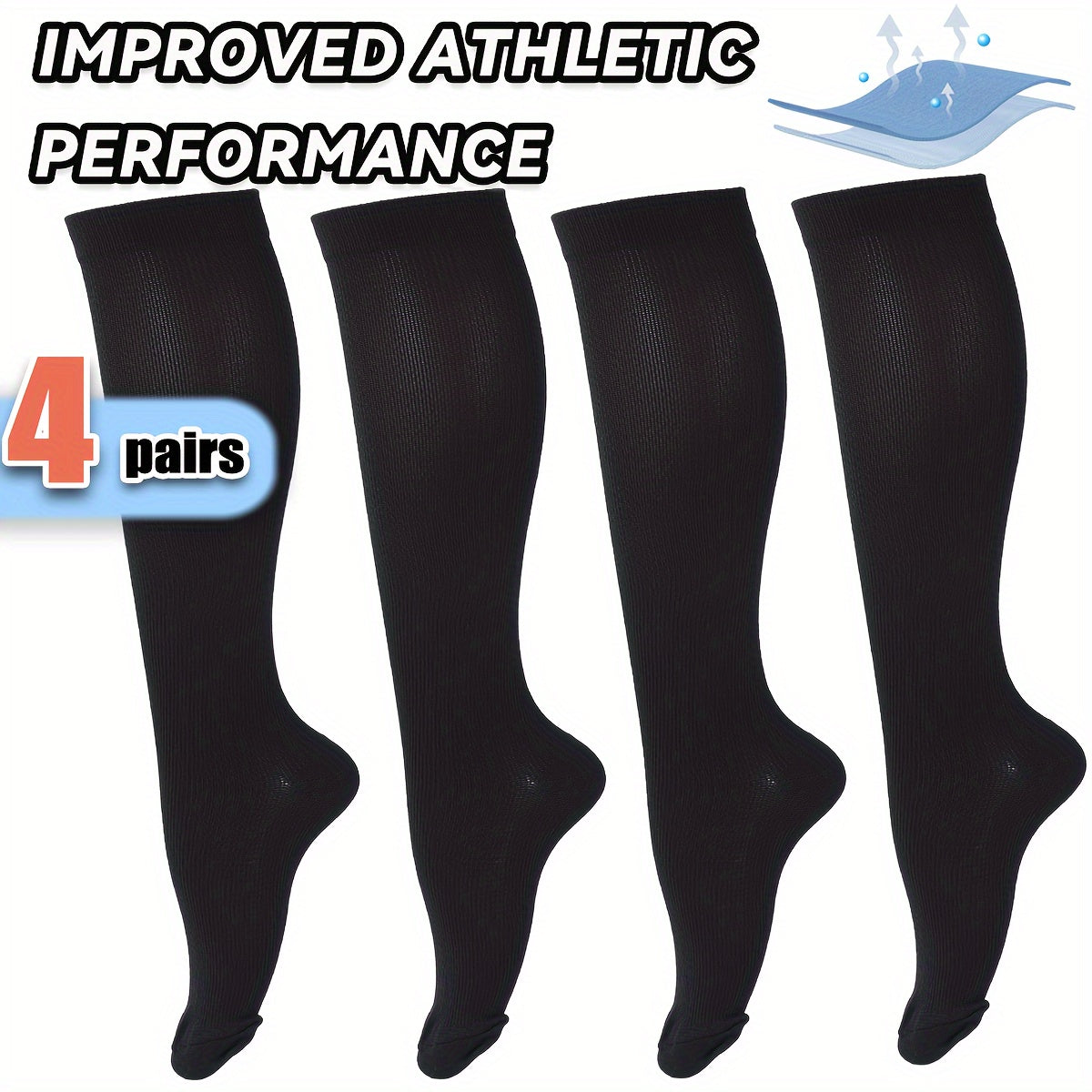 4 Pairs of Ultra-Comfortable Compression Socks - Compression for Women and Men - 15-20mmHg Graduated Support, Over the Calf Design for Maximum Comfort, Ideal for Runners, Nurses, Travelers, and Post-Workout Recovery