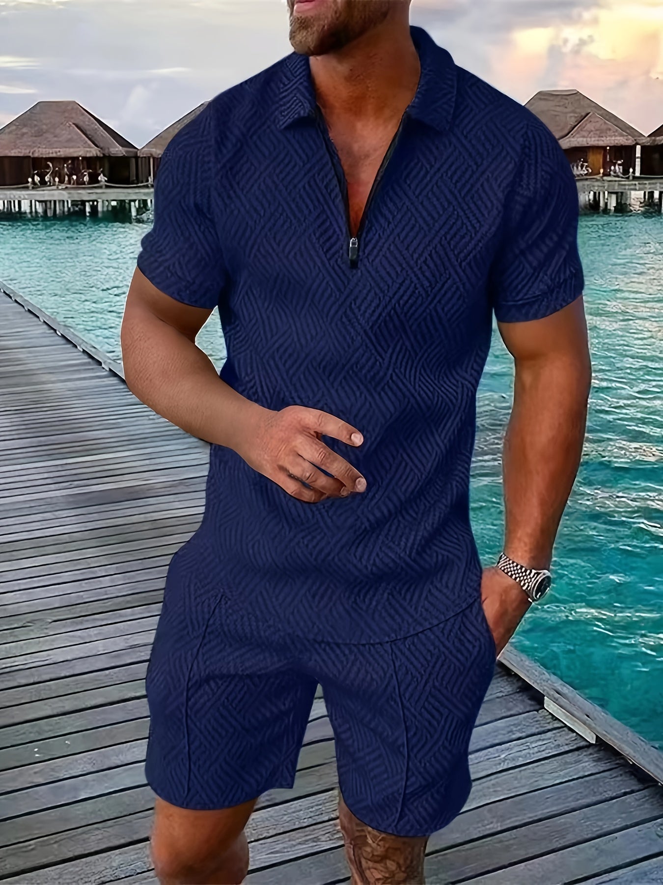 2Pcs Outfits For Men, Casual Short Sleeve Lapel Shirt And Drawstring Shorts Set For Summer, Men's Clothing For Vacation Workout
