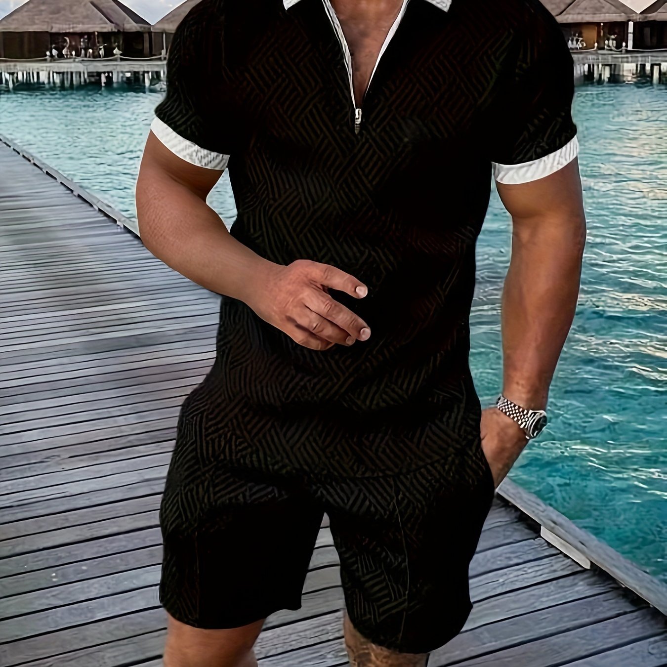 2Pcs Outfits For Men, Casual Short Sleeve Lapel Shirt And Drawstring Shorts Set For Summer, Men's Clothing For Vacation Workout