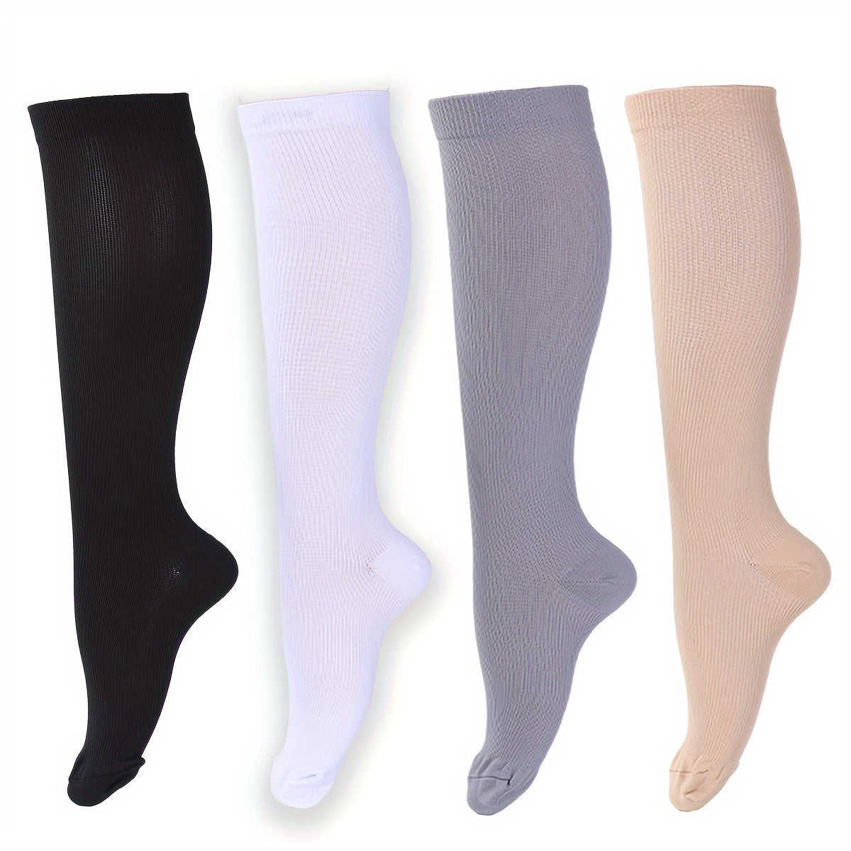 4 Pairs of Ultra-Comfortable Compression Socks - Compression for Women and Men - 15-20mmHg Graduated Support, Over the Calf Design for Maximum Comfort, Ideal for Runners, Nurses, Travelers, and Post-Workout Recovery