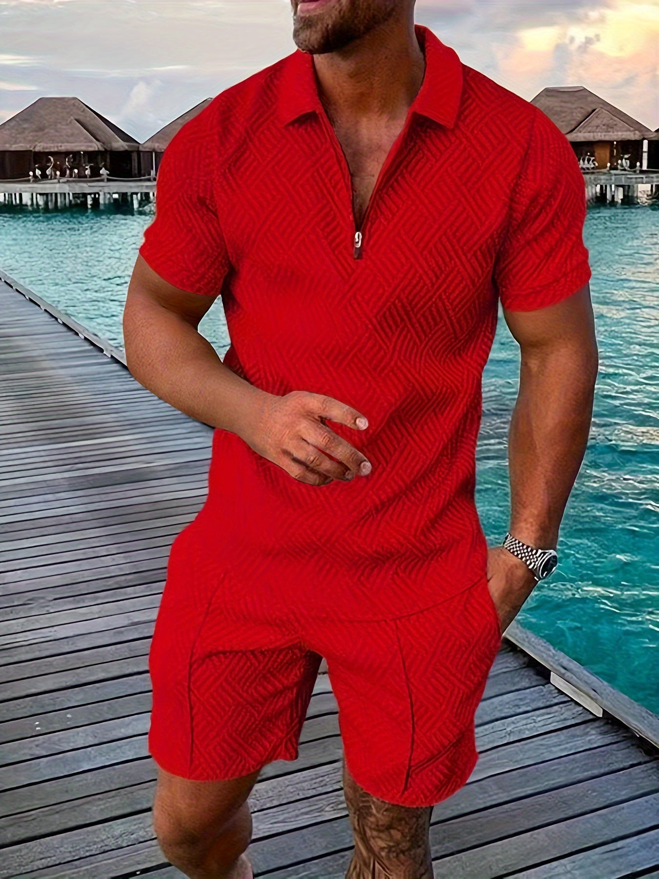 2Pcs Outfits For Men, Casual Short Sleeve Lapel Shirt And Drawstring Shorts Set For Summer, Men's Clothing For Vacation Workout