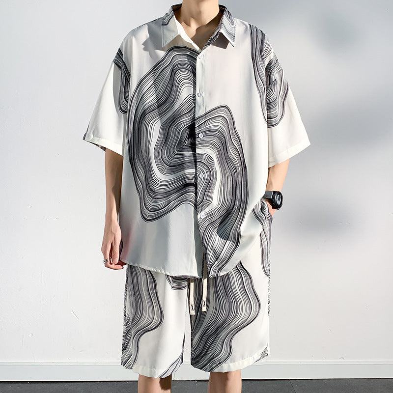 Printed Shirt Men's Beach Suit Summer Seaside Vacation Ice Silk Beach Pants Short Sleeve Men