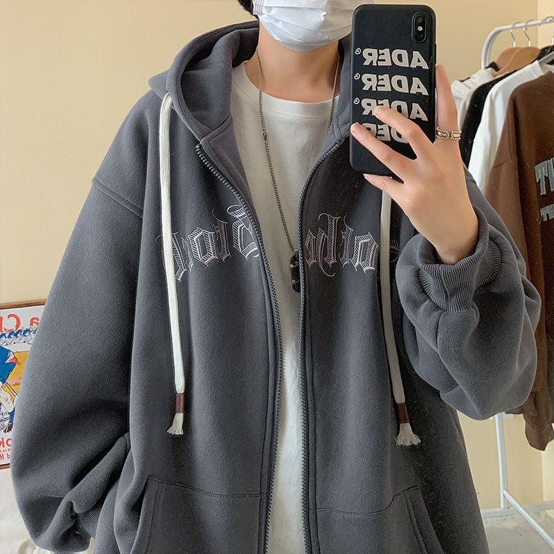 Hooded Cardigan Sweater Male Letter Embroidered Jacket