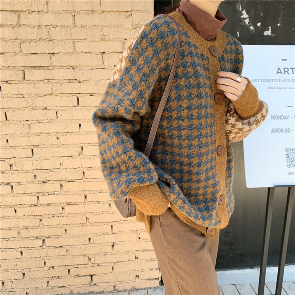 Versatile Loose Houndstooth Cardigan Sweater