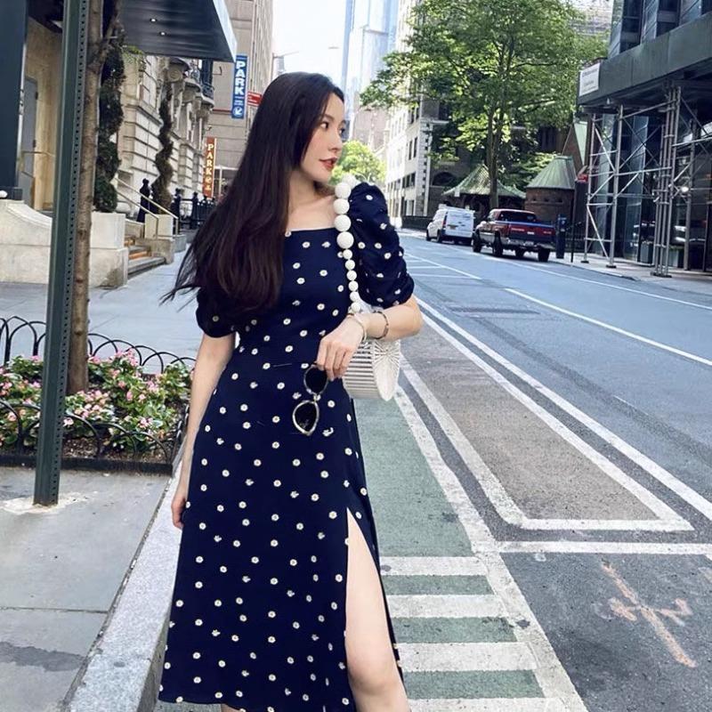 French Blue Polka Dots Dress Women's Summer New