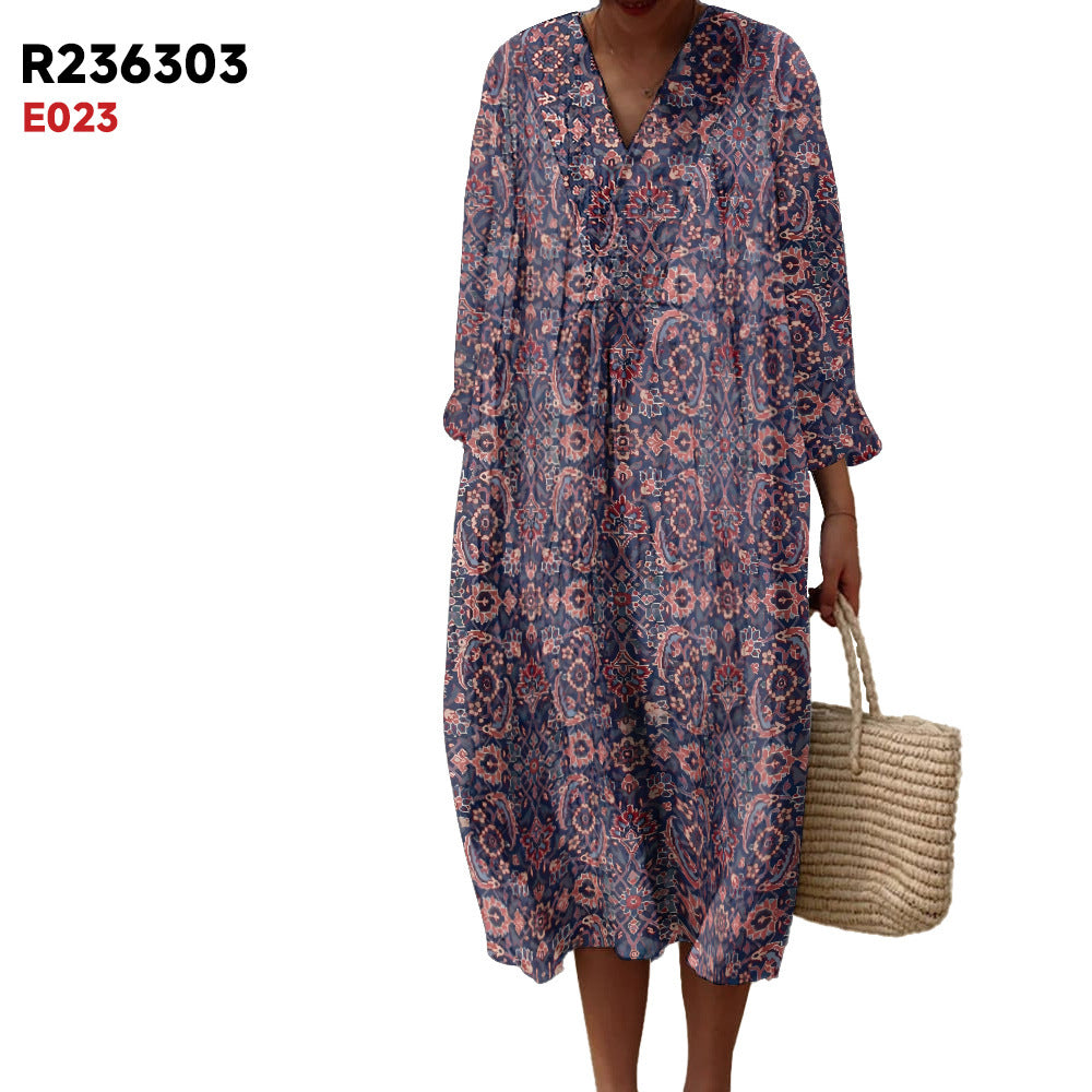 Women's Spring And Summer New Digital Printing Large Width V-neck Long-sleeve Dress