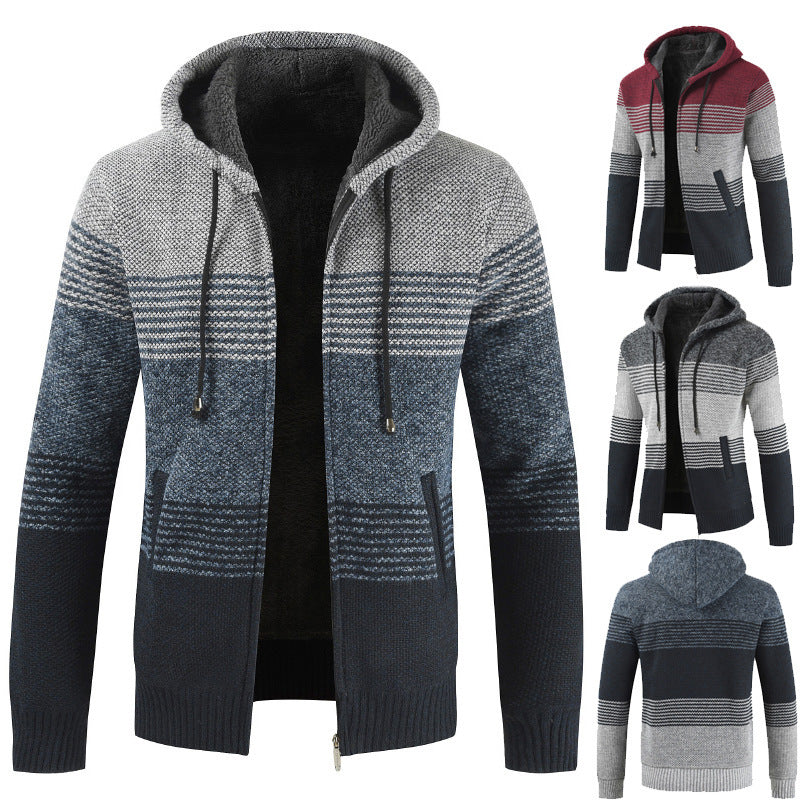 Men's velvet padded hooded color-block sweater cardigan