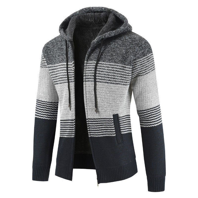 Men's velvet padded hooded color-block sweater cardigan