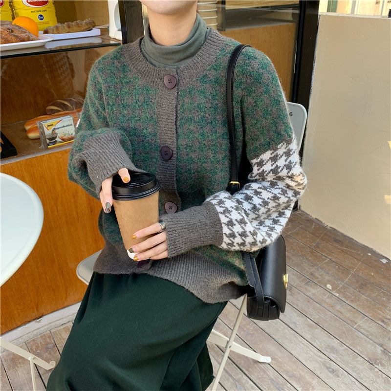 Versatile Loose Houndstooth Cardigan Sweater