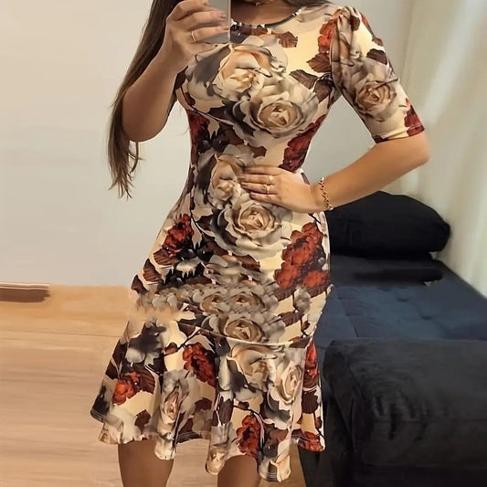 Waist Pleated Summer Knitted Round Neck Midi Dress