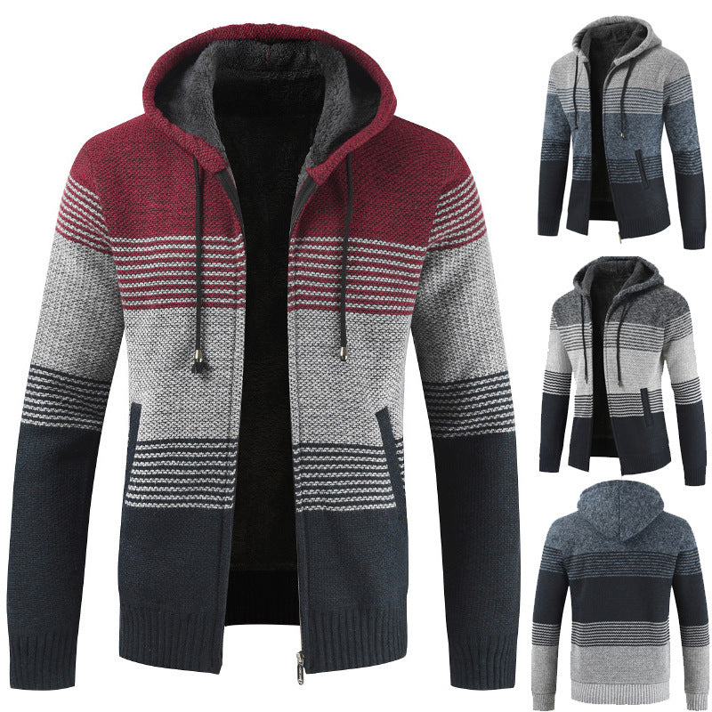 Men's velvet padded hooded color-block sweater cardigan