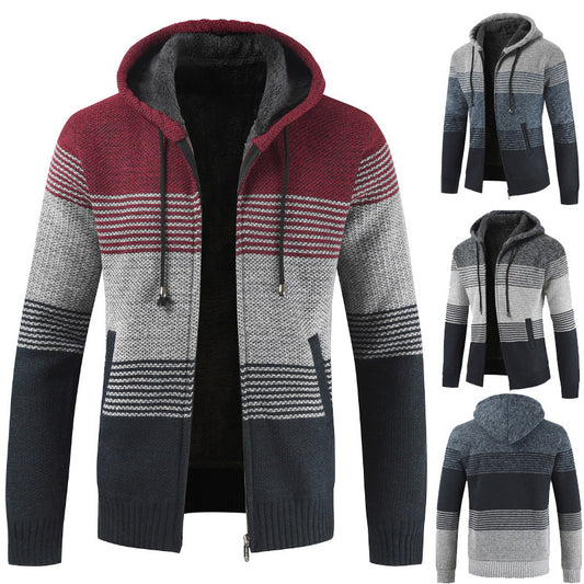 Men's velvet padded hooded color-block sweater cardigan