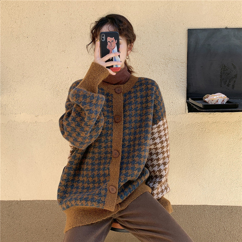 Versatile Loose Houndstooth Cardigan Sweater
