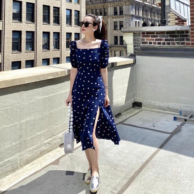 French Blue Polka Dots Dress Women's Summer New