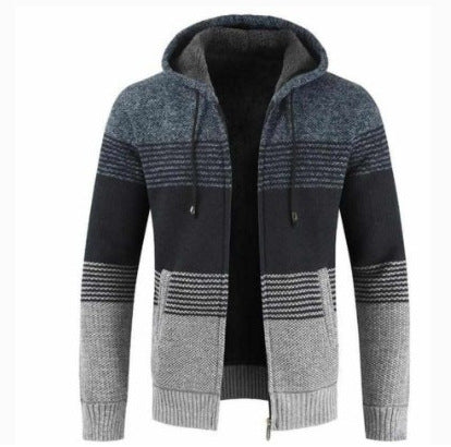 Men's velvet padded hooded color-block sweater cardigan