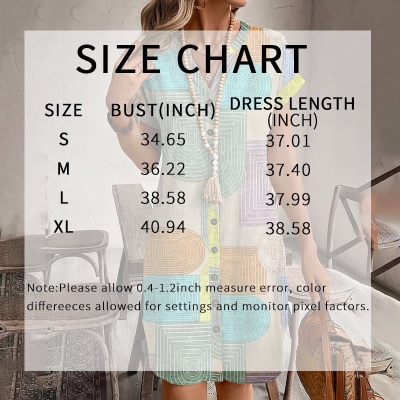Women's Summer Geometric Print V-Neck Button Down Sundress Short Sleeve Casual Dress