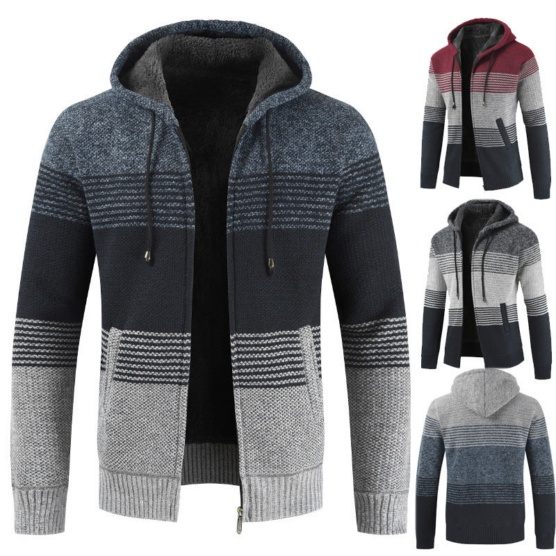 Men's velvet padded hooded color-block sweater cardigan