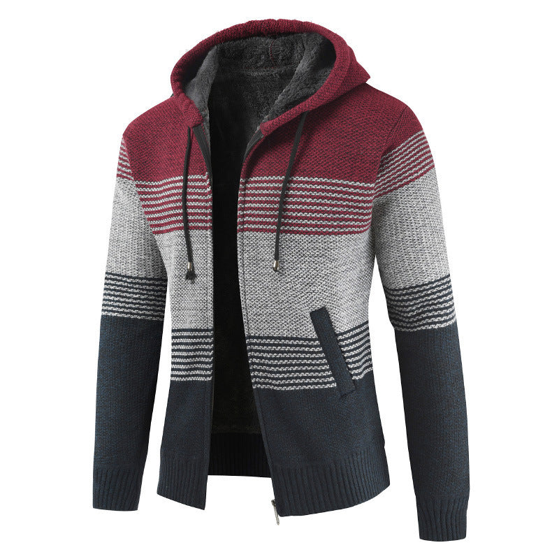 Men's velvet padded hooded color-block sweater cardigan
