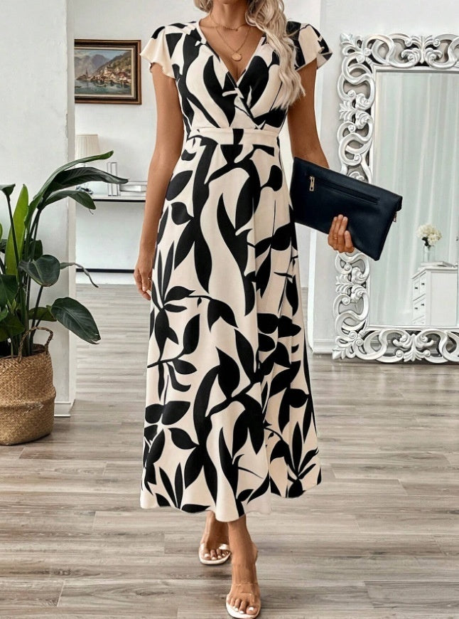 Summer Fashion Elegant V-neck Printed Ruffled Short Sleeves Dress Long Dress For Women
