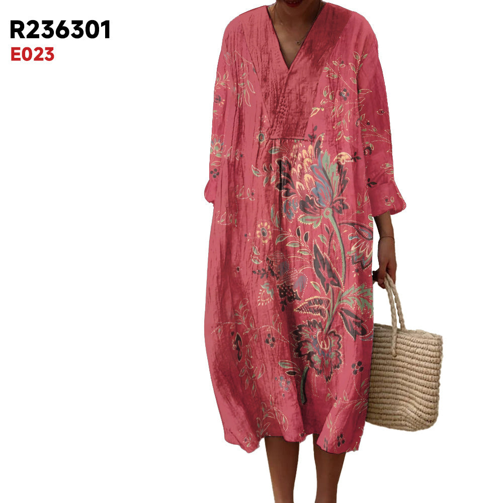 Women's Spring And Summer New Digital Printing Large Width V-neck Long-sleeve Dress