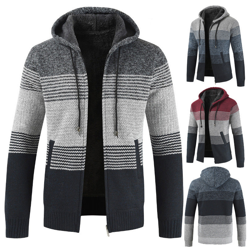 Men's velvet padded hooded color-block sweater cardigan
