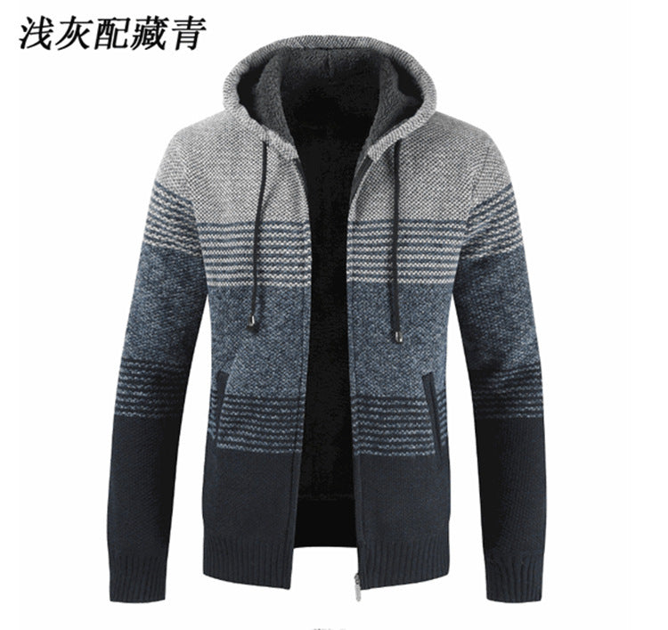 Men's velvet padded hooded color-block sweater cardigan
