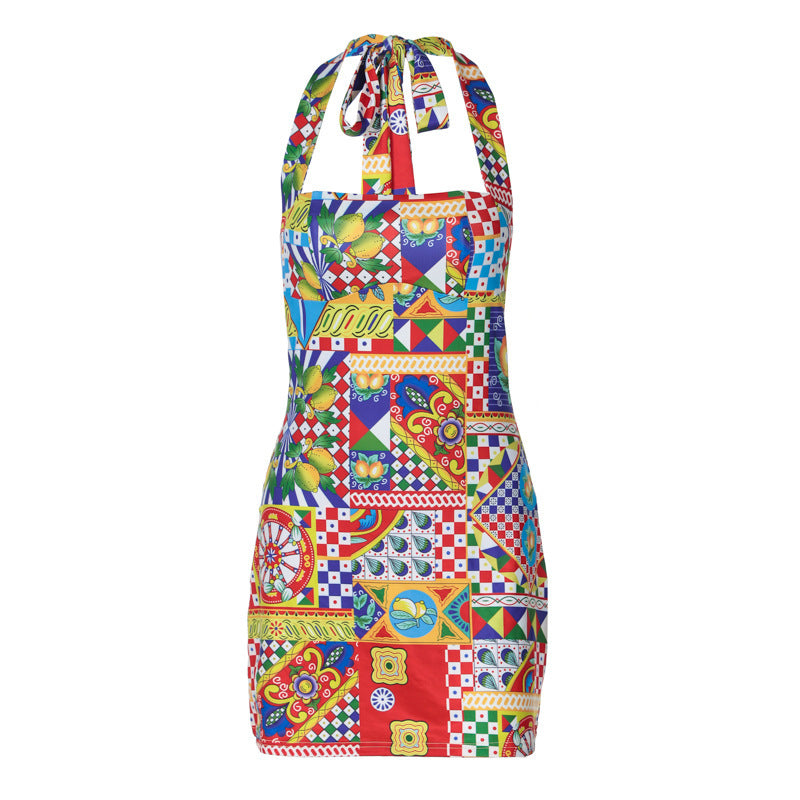 European And American Style Summer New Fashion Printed Short Skirt Sexy Lacing Halter Backless Dress