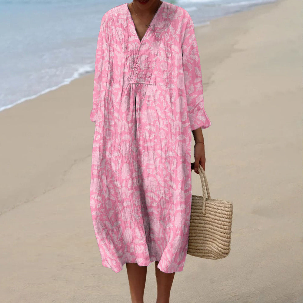 Women's Spring And Summer New Digital Printing Large Width V-neck Long-sleeve Dress